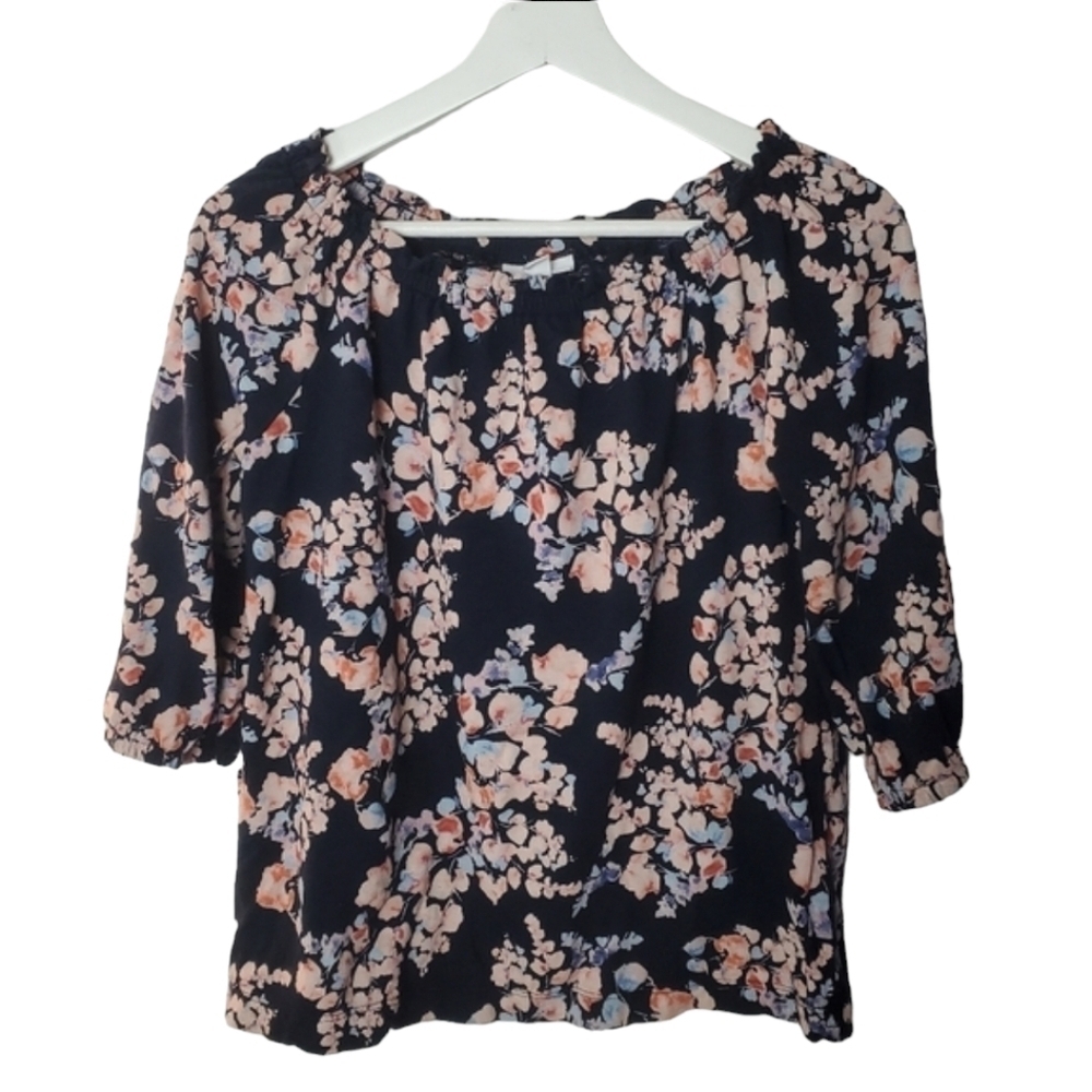 J.Jill Blouse Womens SP Small Petite Navy Blue Floral 3/4 sleeves
